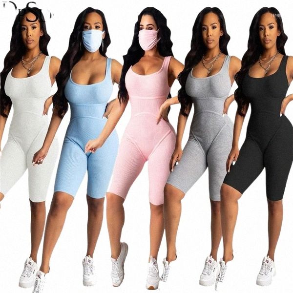 

women's jumpsuits & rompers 2021 summer women fashion movement style sleeveless round neck pure color simple short pants1 c5ex#, Black;white