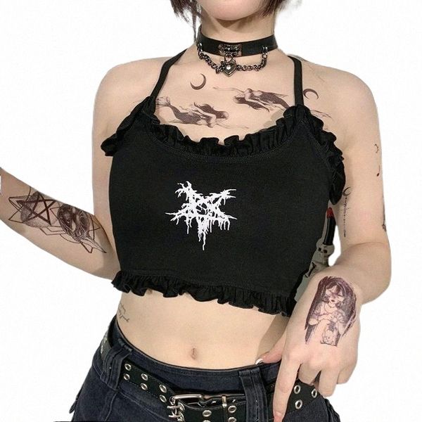 

goth dark gothic aesthetic harajuku camis black mall alternative women graphic print crop ruffles backless outfit women's tanks & x2lp, White