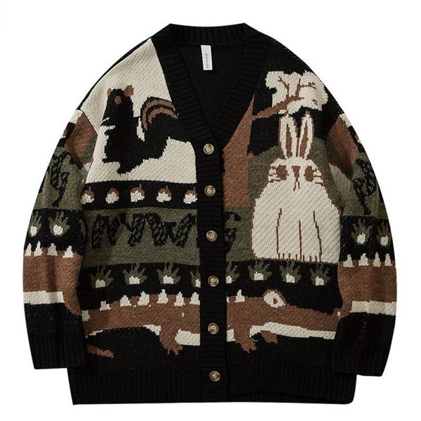 

men's sweaters vintage cardigan oversized sweater japanese harajuku cartoon knitted sweater pullover hip hop streetwear loose knitwear, White;black