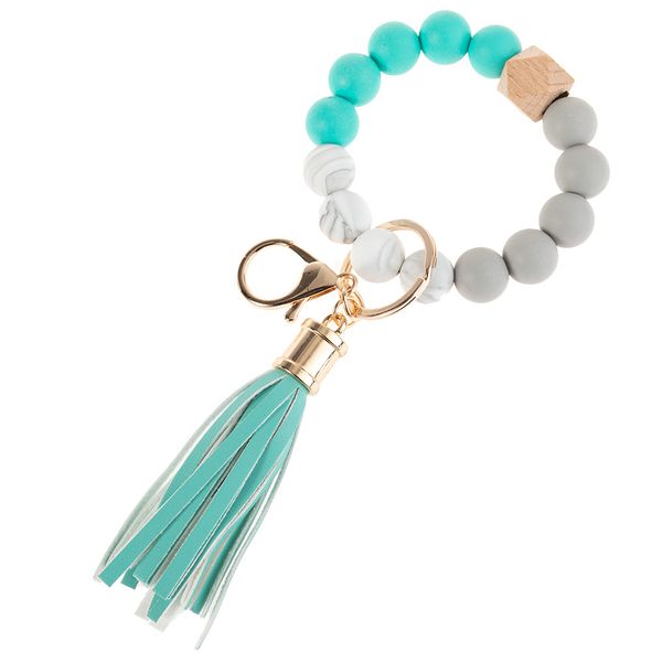 

keychain leather tassel wooden bead food grade silicone bracelet key ring car access control chain 14 colors string cute romantic dream, Silver