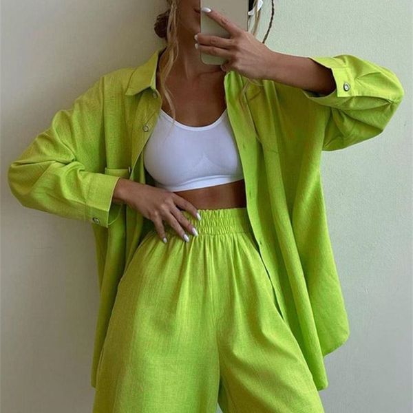 

women's two piece pants summer set women shorts suit green lapel long sleeve shirts sets female elegant casual high waist lady outfits, White