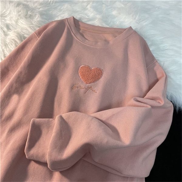 

women s hoodies sweatshirts heart embroidery women korean chic thin loose pullover spring autumn vintage all match long sleeve 220916, Black