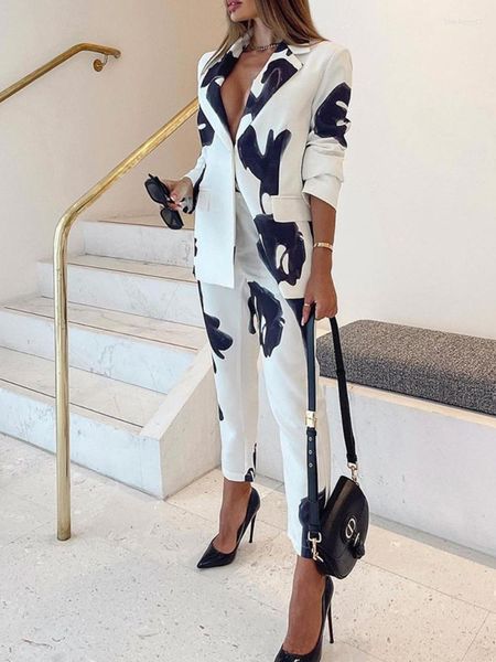 

women's two piece pants spring and summer women's casual temperament suit vintage printed 2 set women, White
