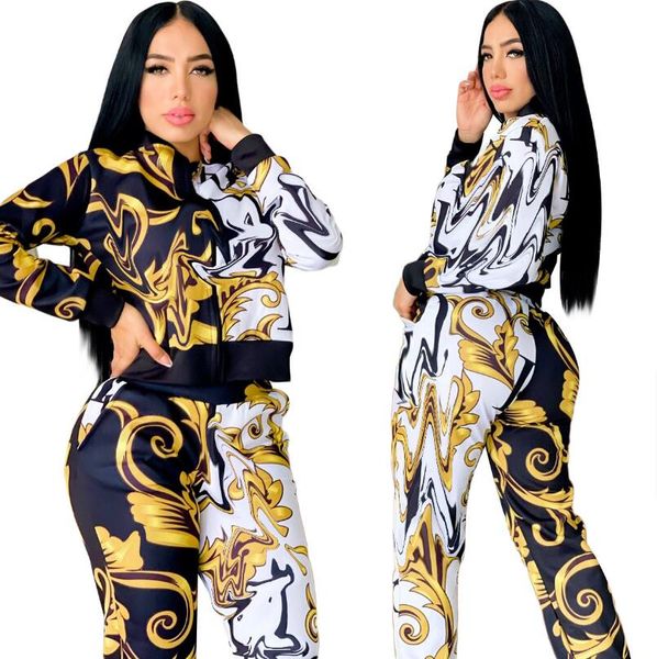 

j2744 european and american women'stwo piece pants autumn new fashion digital printing long-sleeved suit, White