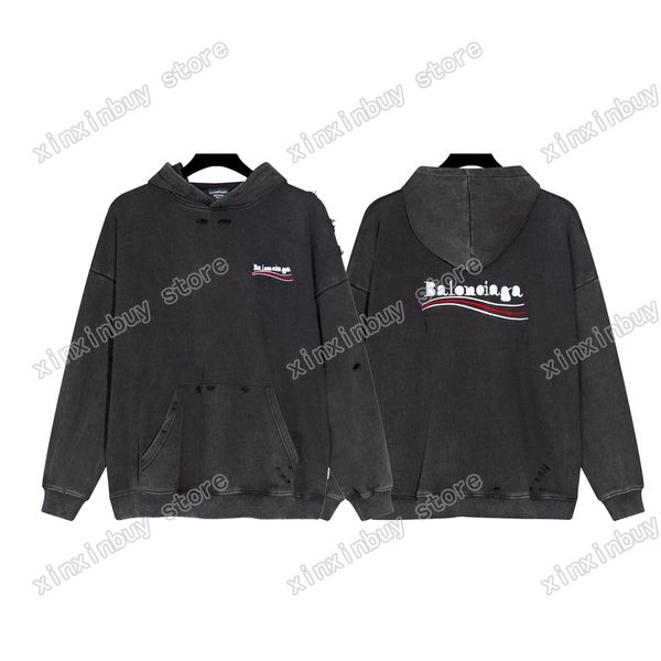 

xinxinbuy men designer hoodies sea wave embroidery destroyed wear out paris women black white gray s-xl, Black;brown