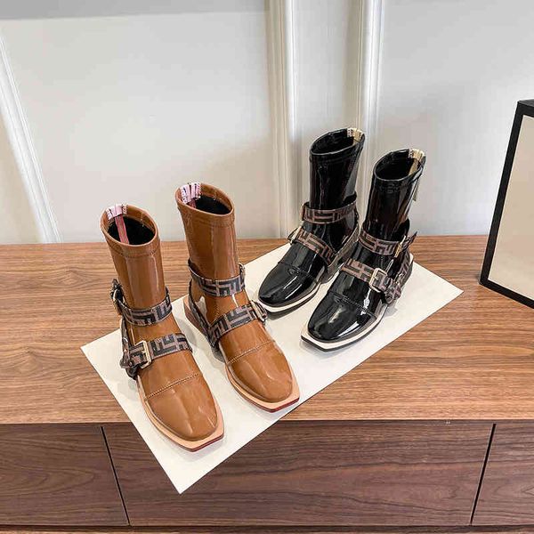 

short boots women's 2022 autumn and winter new patent leather belt buckle elastic slim boots, Black