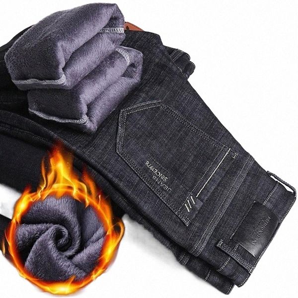 

men's jeans winter thermal warm flannel stretch mens quality brand fleece pants men straight velvet flocking trousers 28-40 x1xe#, Blue