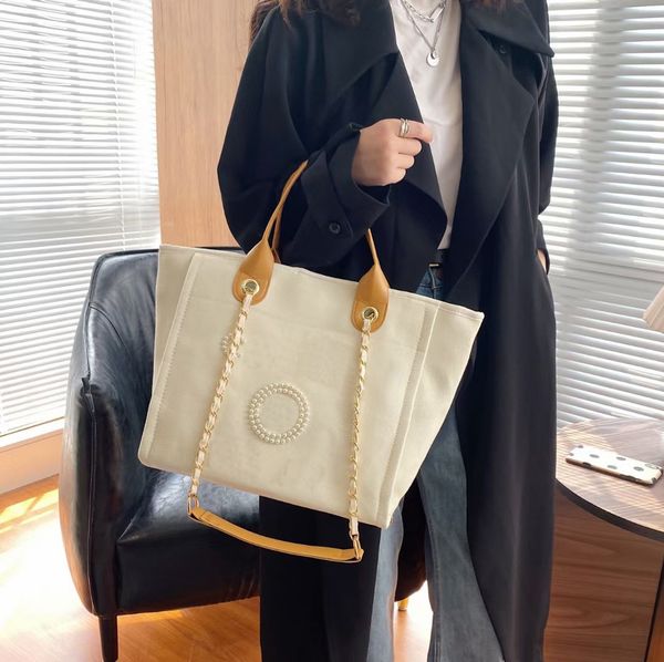 

luxury high-capacity one-shoulders tote bags fashion canvas pearl handbags beige black leather chain ladies document office travel