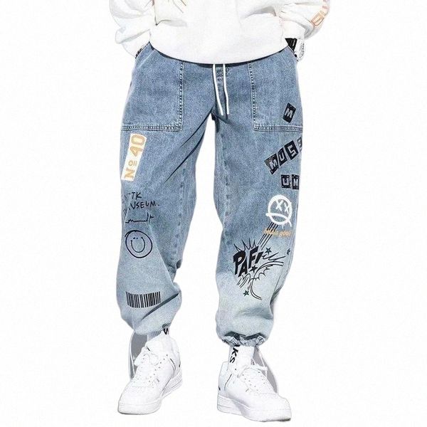 

men's jeans autumn letter printing baggy hip hop men cargo pants streetwear cartoon graffiti drawstring denim trousers 379p#, Blue