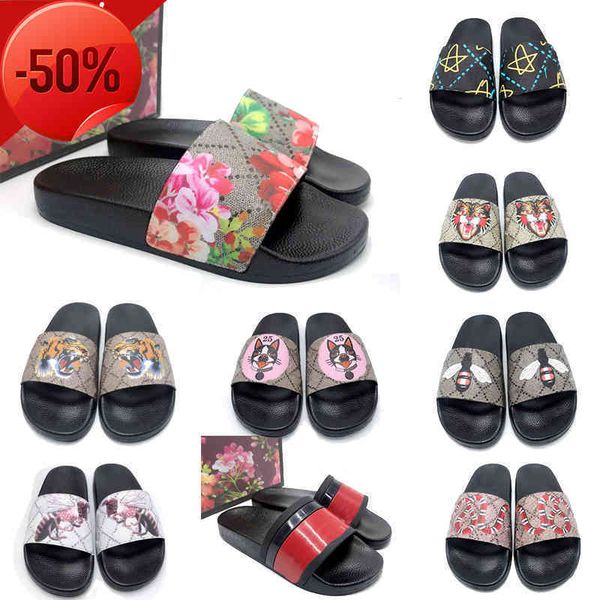 

2022men slippers women ladies flat platform sandals rubber slide floral brocade gear bottoms flip flops bee striped beach designer, Black