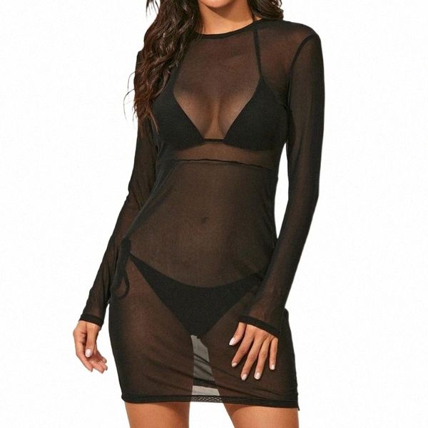 

summer mesh see through bikini smocks fashion solid color perspective long sleeve o-neck side drawstring beach mini dress women's swimw, White;black