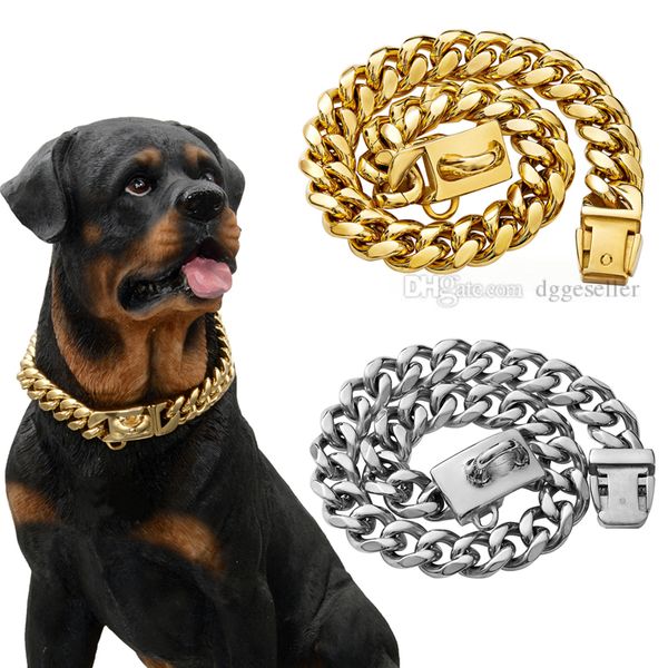 

gold chain dog collars 13mm/15mm/19mm 18k golds cuban link dog chains heavy duty pet collar with metal buckle for small medium-large dogs 14