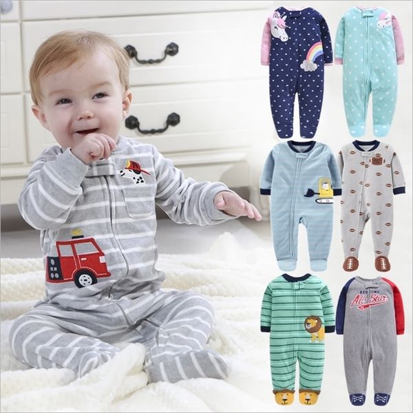 

rompers footed warm baby spring fall micro polar fleece pajamas jumpsuits infant baby boy girl sleepwear 0/3-12m 220919, Blue