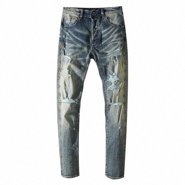 

men's jeans men rivet stretch denim streetwear holes ripped slim skinny pencil pants vintage trousers m7nl#, Blue