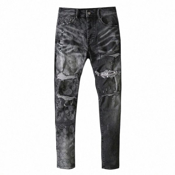 

men's jeans men paisley bandanna printed streetwear holes ripped stretch denim slim skinny pencil pants trousers m9db#, Blue