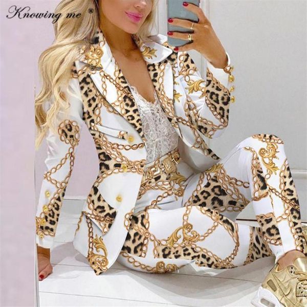 

women's two piece pants office lady bussiness suit set women autumn printed formal jacket coat & trousers female blazer outfi185p, White