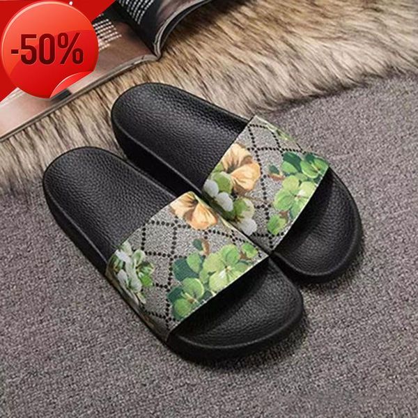 

2022og luxury designer slippers shoes men women rubber slides sandal blooms green red white web fashion womens shoes beach flip, Black
