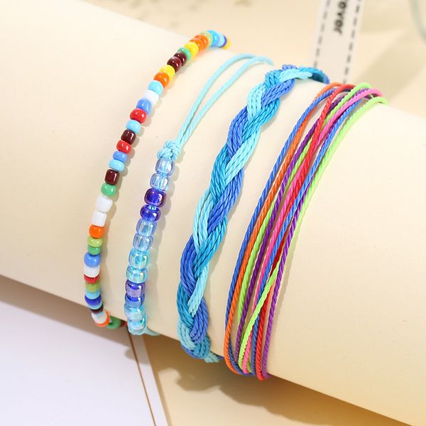 

design handmade woven wax rope charm bracelets mutilayered 4pc set seed beads colorful hand chain for women jewelry gifts, Golden;silver