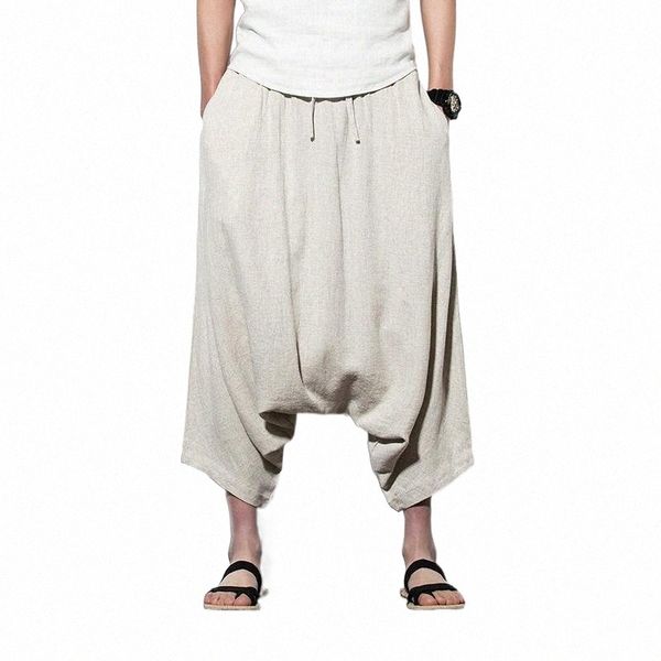 

men's pants chinese style loose plus size cross ancient linen casual men clothing black nine-point crotch male1 57re#