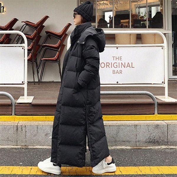 

women's down parkas long winter jacket parka hem maxi xlong women coat casual loose overcoat female clothing outerwear cotton down hood, Black