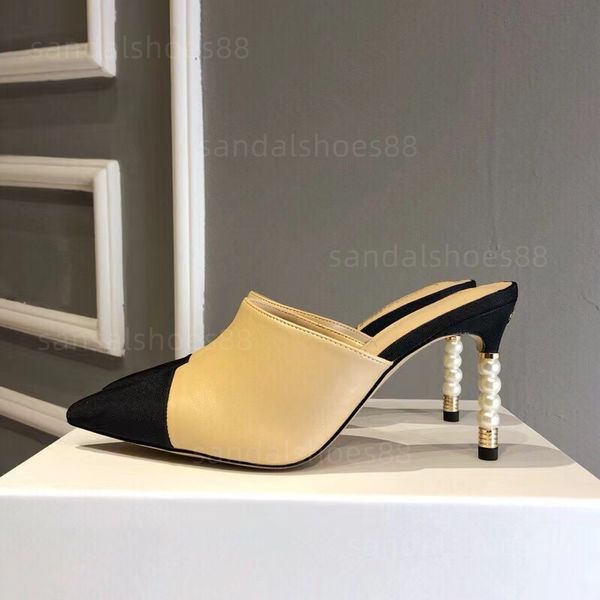 

designer heels pumps mules dress shoes pearl embellished heel womens lambskin real leather high stiletto pump mule sandals slippers for part, Black