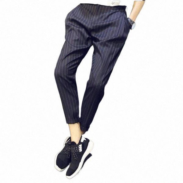 

m-5xl summer men ankle length trousers stripe slim casual pants tide 9 skinny hairstylist loose costumes men's n2ef#, Black