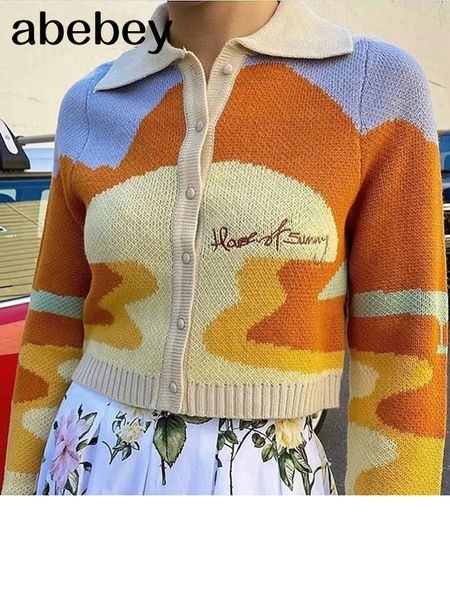 

women s knits tees letter embroidery harajuku knitted single breasted cropped cardigan women autumn long sleeve turn down collar sweater coa, White