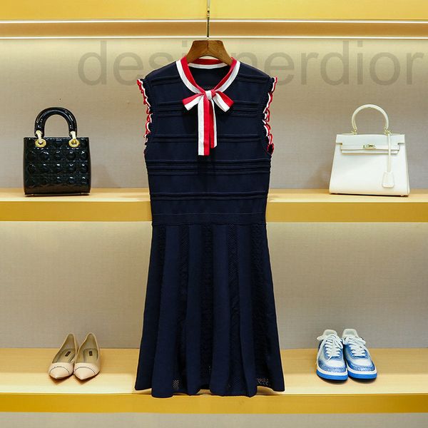 

casual dresses designer family autumn women's 2022 dress contrast bow tie lace sleeveless knitted ruffle skirt, Black;gray