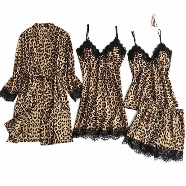 

spring autumn women leopard print pajama 4 pieces sets satin silk lace nightdress lingerie robes sleepwear homewear1 h3tb#, Black;red