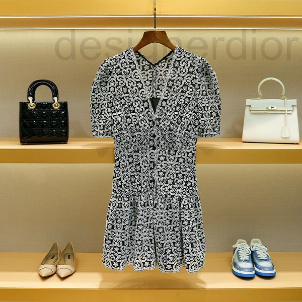 

casual dresses designer family french dress 2022 autumn new hollow lace v-neck ruffle bubble sleeve skirt children, Black;gray