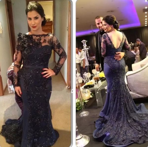 

elegant dark navy mermaid evening dresses long sleeves lace appliques beaded arabic formal party gowns 2022 open back saudi arabia dubai mot, Black;red