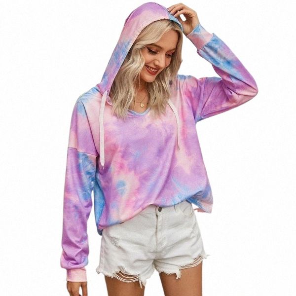 

womens tie dye hooded sweatshirt ladies baggy pullover autumn long sleeve casual drawstring jumper hoodies sudaderas1 37wm#, Black