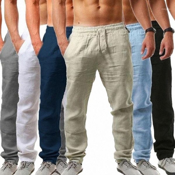 

men's pants trousers cotton linen male summer solid color fitness streetwear beach g3z3#, Black