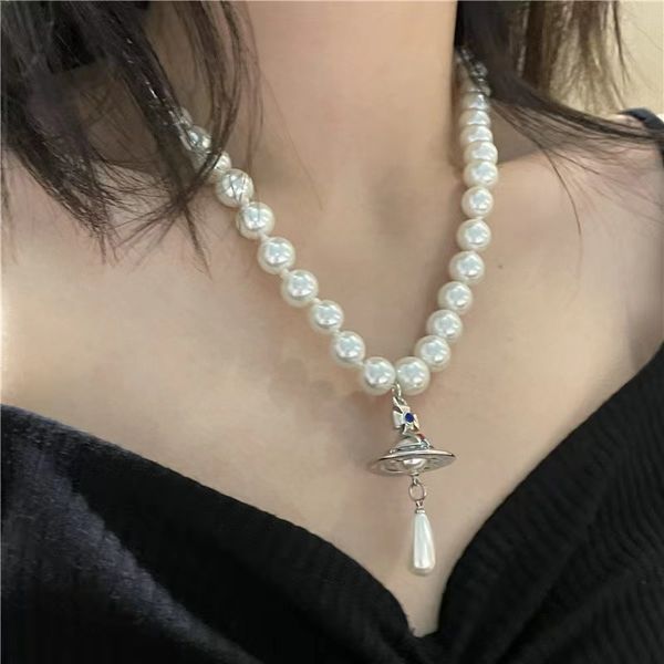 

designer stereo saturn pearl necklace ladies luxury brand fashion necklace classic water drop pendants wedding gala jewelry accessories vale, Silver