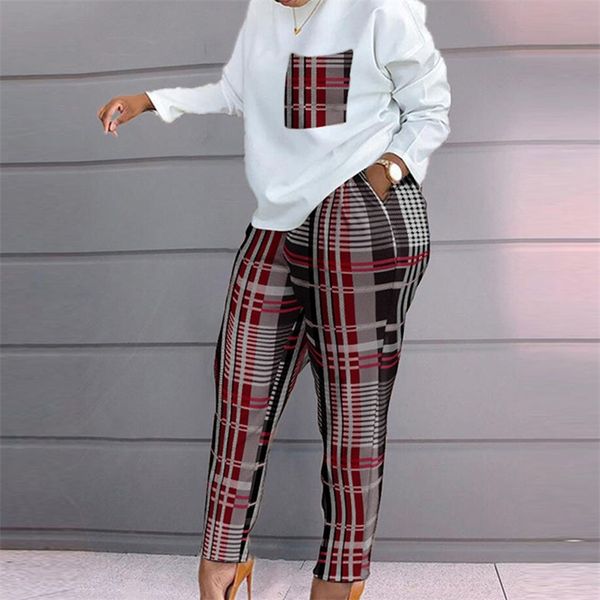 

women's two piece pants set of women spring autumn pieces casual female print loose matching suit streetwear long sleeve and trousers, White