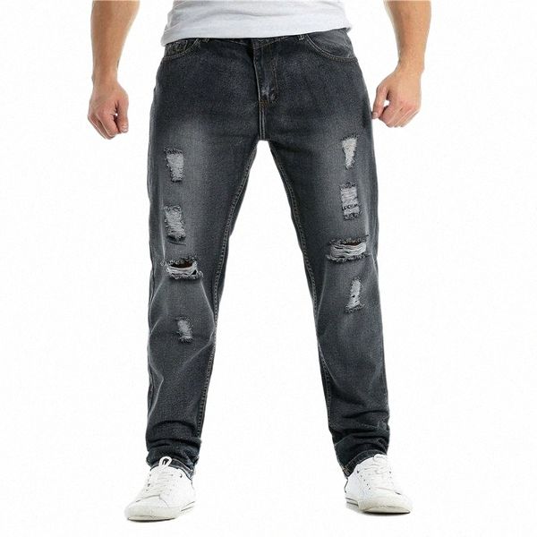 

men's jeans ripped clothing spring and summer solid color street made old tapered fashion casual denim trousers k9rn#, Blue