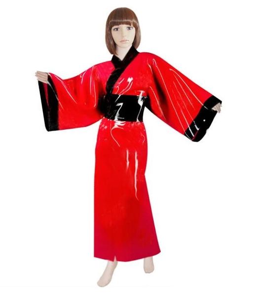 

catsuit costumes 100% handmade traditional kimono cosplay womens red pvc faux laether sleepwear with black trims decorations
