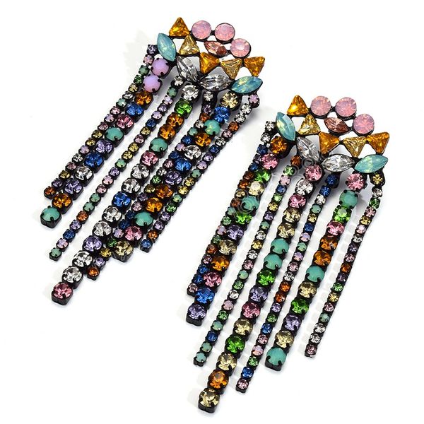 

trendy rhinestone tassel long chain dangle earrings women's colorful crystal drop earrings party wedding jewelry accessories, Silver