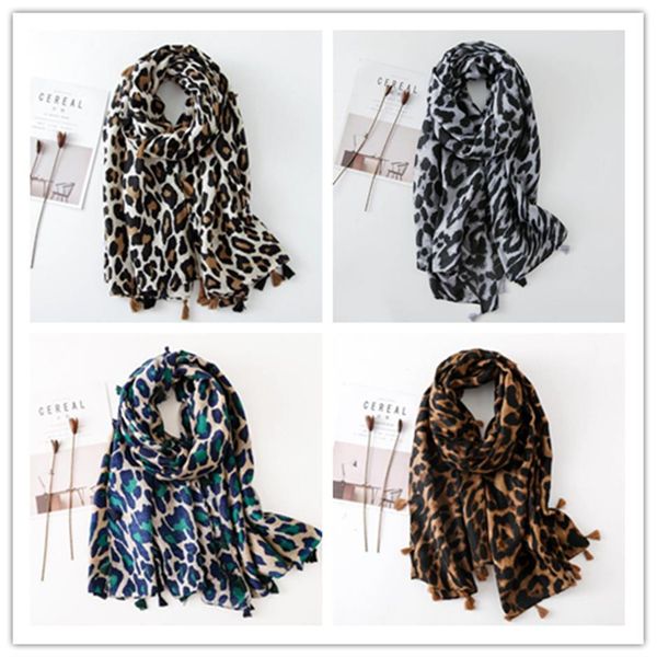 

large size women leopard print scarf tassel scarves 180 100cm spring autumn shawls wraps cotton and linen cover-up muslim hijab275d, Blue;gray