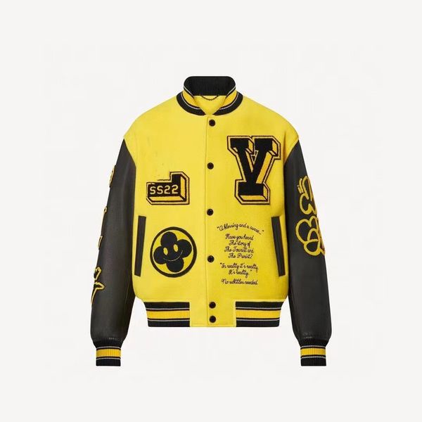 

designer 22ss men's and women's jackets fashion letters embroidered patchwork baseball jersey yellow heavy duty leather jacket, Black;brown