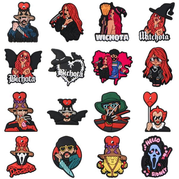 

karol g spooky shoes charms 2022 wholesale popular halloween moives clog charms badbunny soft rubber pumpkin croc charm for kids holiday gif, White;pink