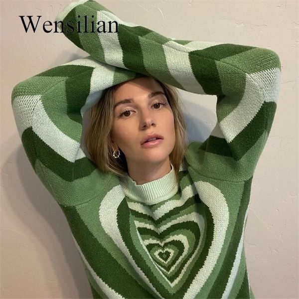 

women's sweaters y2k green aesthetics heart striped turtleneck sweet pullovers knitted crop long sleeve harajuku 90s knitwear 220916, White;black