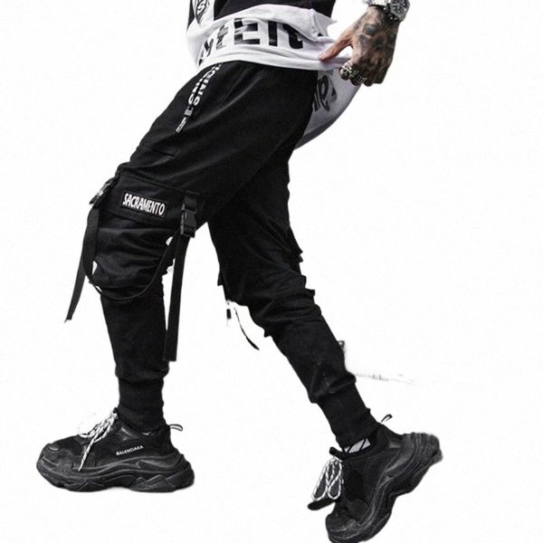 

men's pants streetwear letter cargo casual pockets joggers men hip hop patchwork ribbon harem sweatpants male trousers pantalon homme1, Black