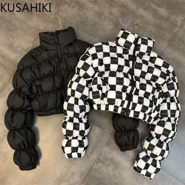 

women's down parkas kusahiki stand neck winter coat women korean zipper folds puff sleeve short plaid fashion jacket 6n891 220916, Black