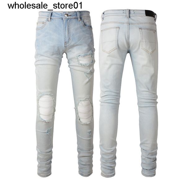 

men's jeans amirs jeans broken patch elastic slim fit jeans male, Blue