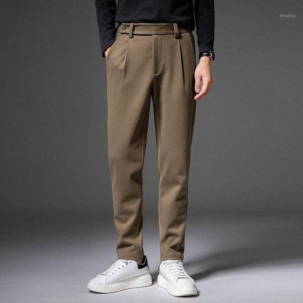 

men's pants 2022 autumn winter men woolen loose straight high waist long trousers male plus velvet warm casual o732 79mt#, Black