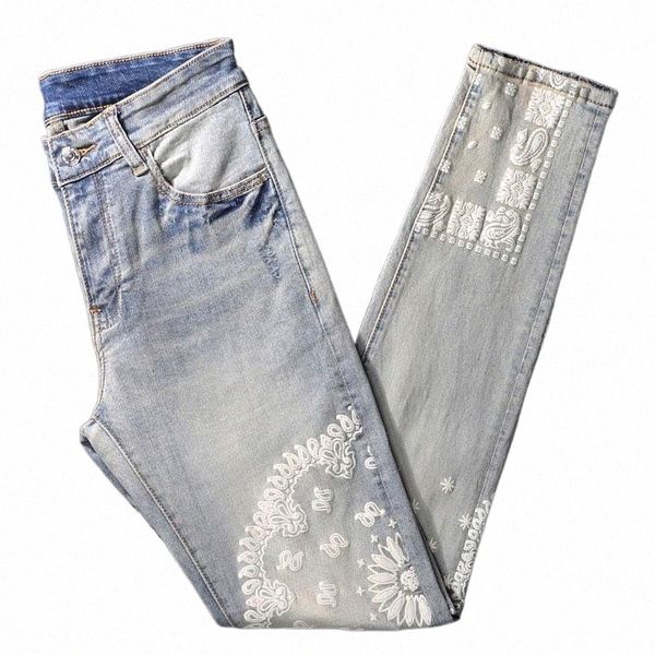 

men's jeans street style fashion men retro blue elastic slim fit fray hole ripped printed designer hip hop denim punk pants y0n6#