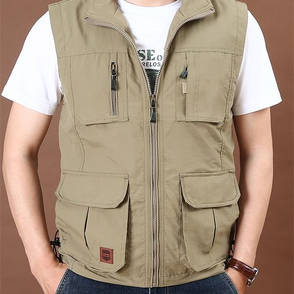 

men's vests men's thin tooling loose quick drying vest men's outdoor sports multi pocket stand collar vest spring camping fis, Black;white