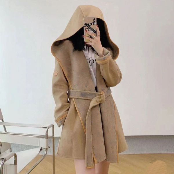 

luxury womens wool coat designer jacket double-sided woolen long cape style trench coats woolen embroidered belt casual cardigan, Black