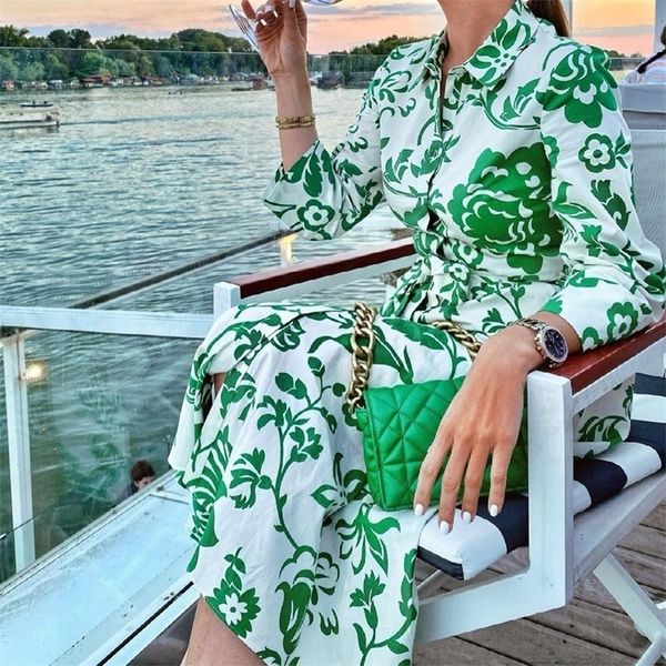 

party dresses xeasy summer women beach style green floral print bow sashes midi lapel dress female chic long sleeve casual thin slim 220916, White;black
